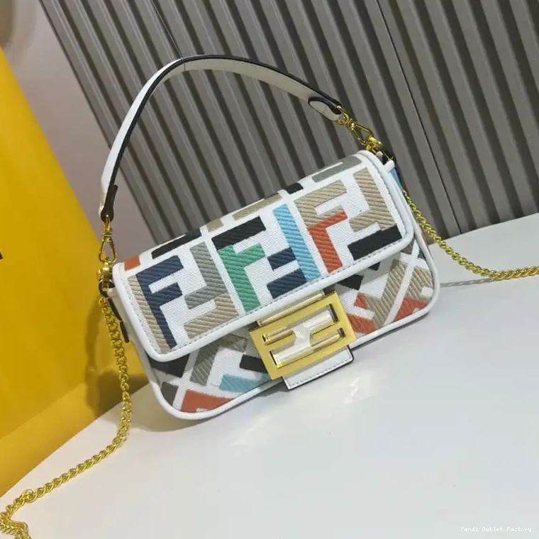 Vintage HOT In Baguette FF Motif Bag Canvas Fendi Multi Mini White 0512